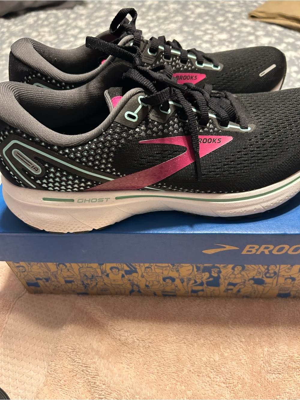 Brooks Ghost Women's Running Shoes - Black with Pink and Mint Accents